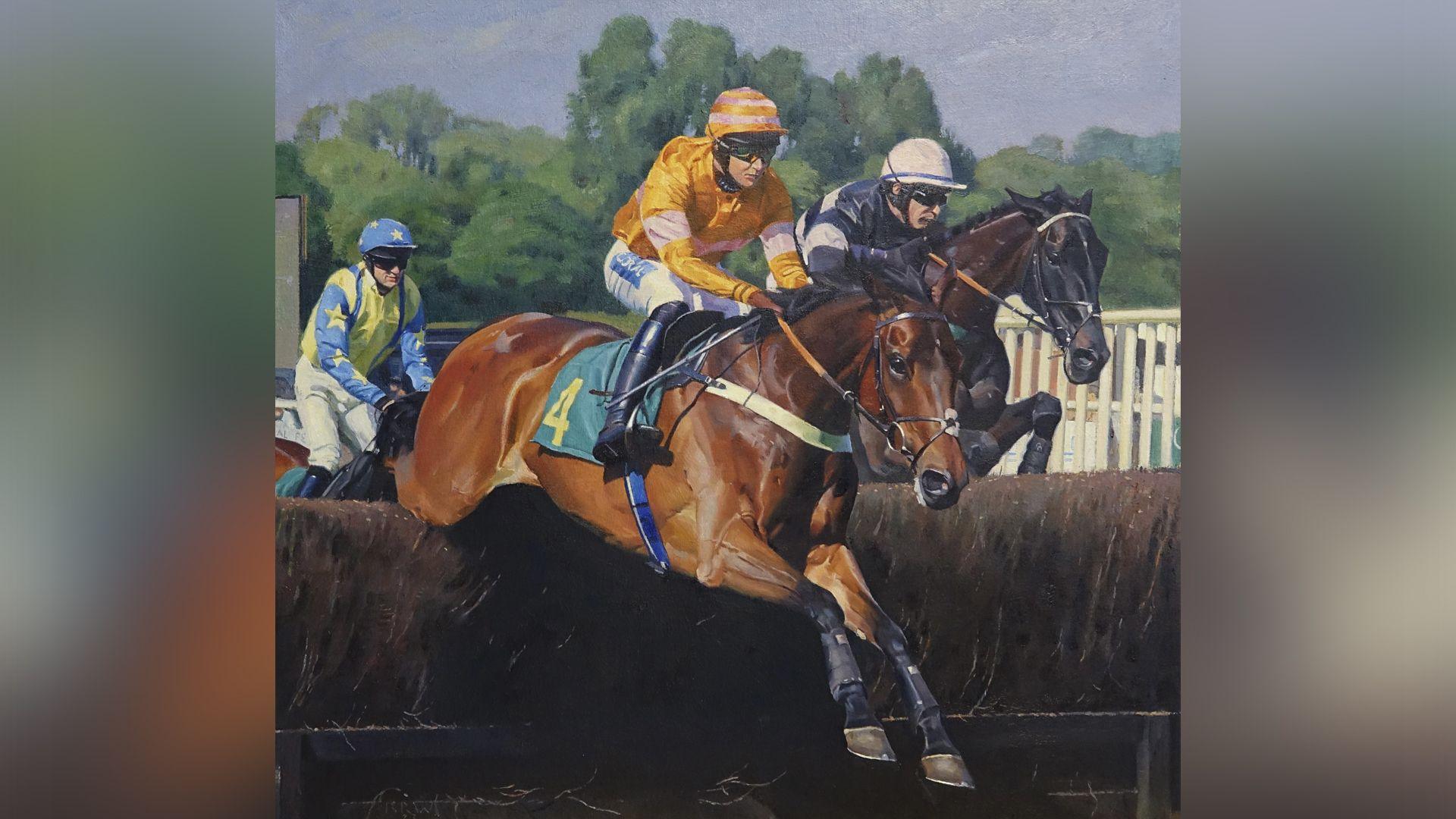 A Kieron Williamson painting of racehorses jumping over a fence. Jockeys are wearing their typical multicoloured attire.