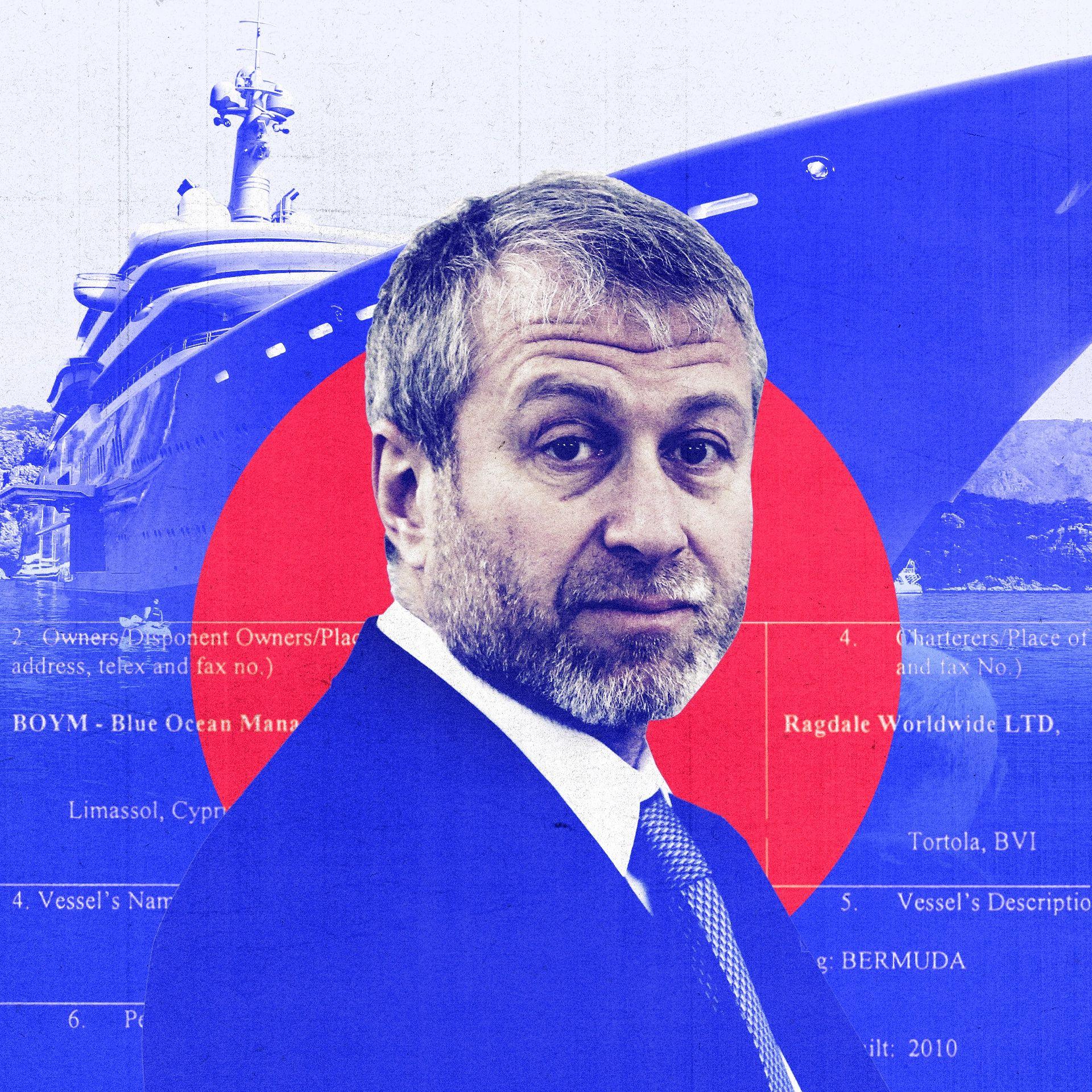 A composite graphic featuring a portrait of Roman Abramovich, wearing a suit and looking at the camera against a red-and-blue background showing the bow of his superyacht Eclipse and the text of a charter agreement between two companies, Blue Ocean Yacht Management, and Ragdale Worldwide