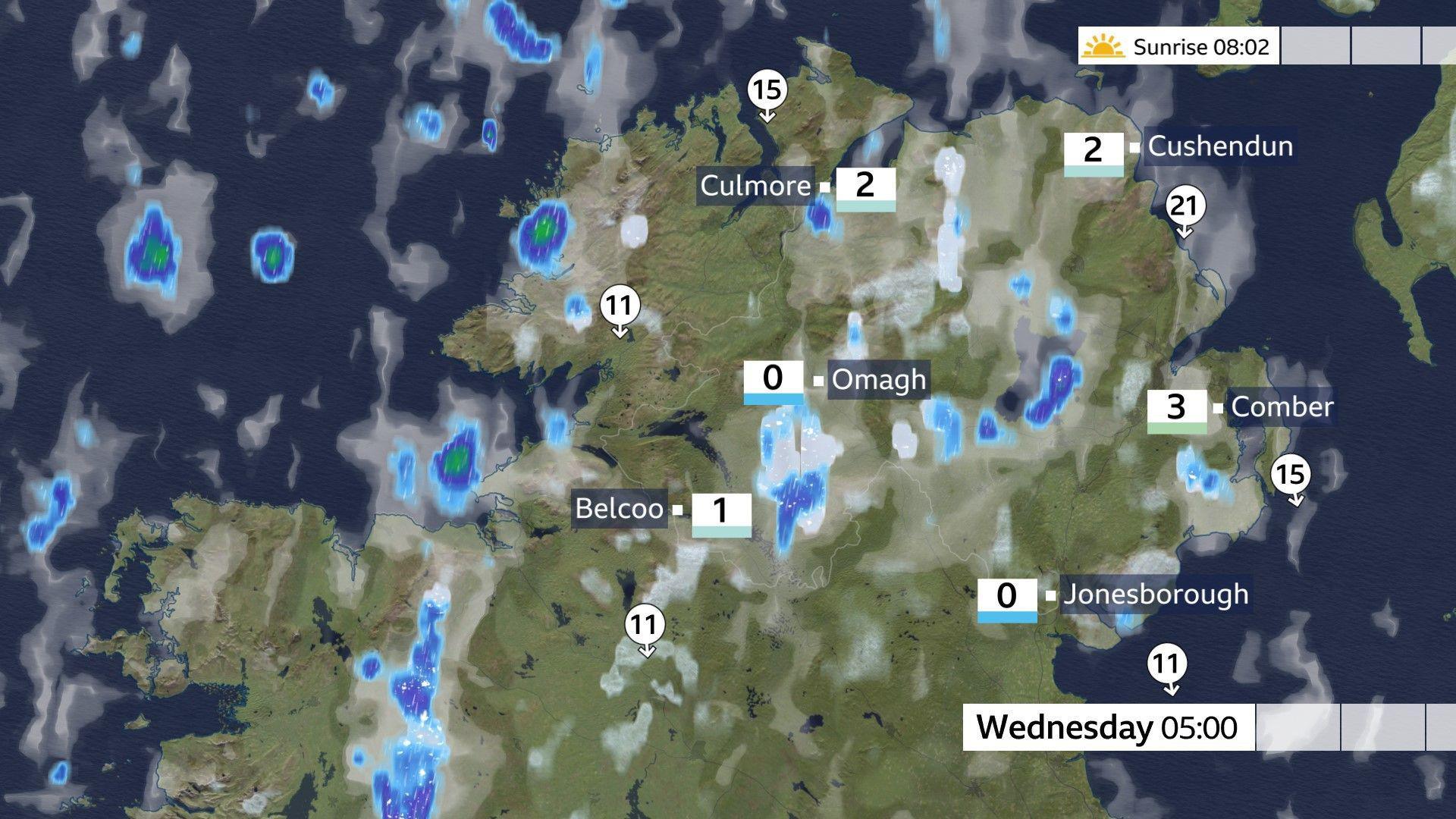 An aerial satellite weather map of Ireland showing temperatures at 05:00 GMT on Wednesday. Several towns and villages have been highlighted by name. Omagh and Jonesborough both have the lowest temperatures at 0. 