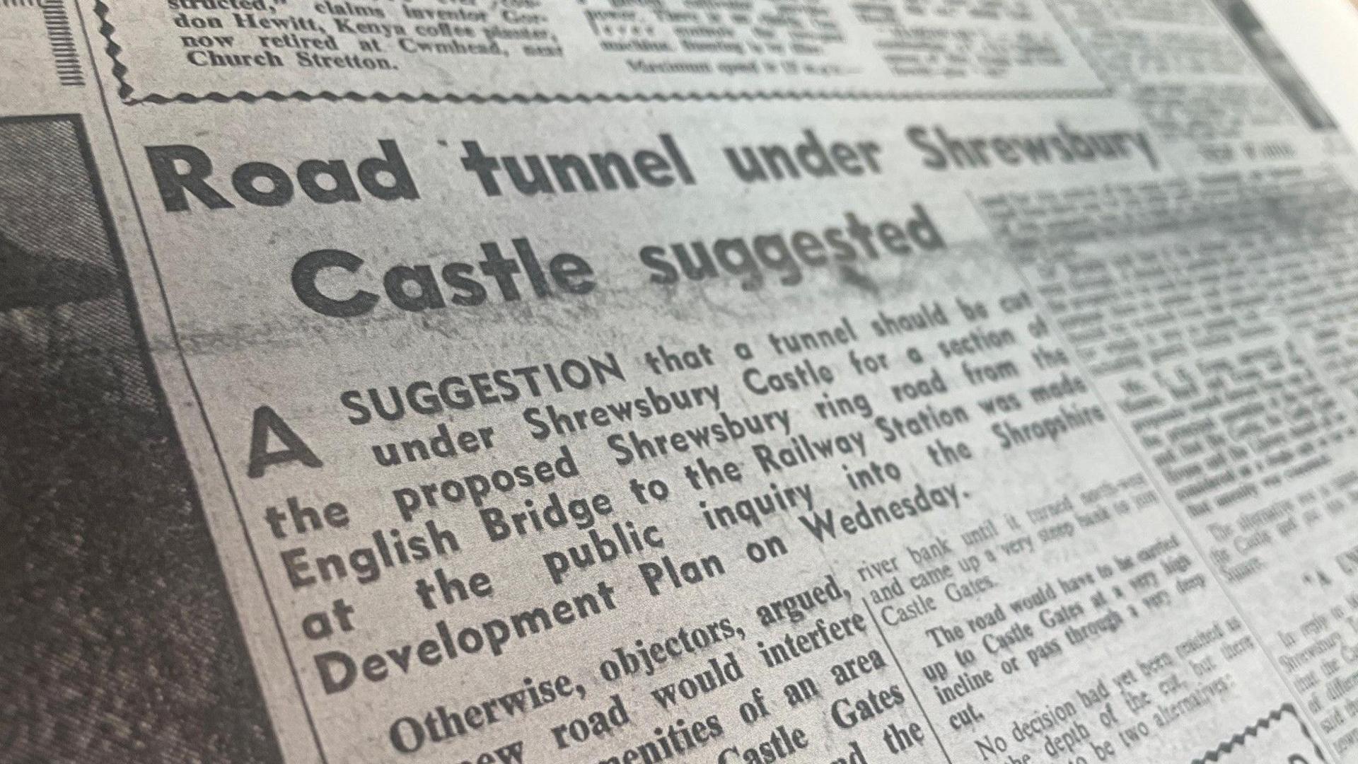 A picture of a newspaper headline reading "Road tunnel under Shrewsbury Castle suggested"