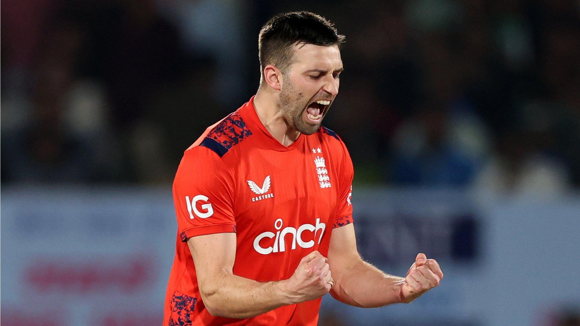 England fast bowler Mark Wood celebrates taking a wicket