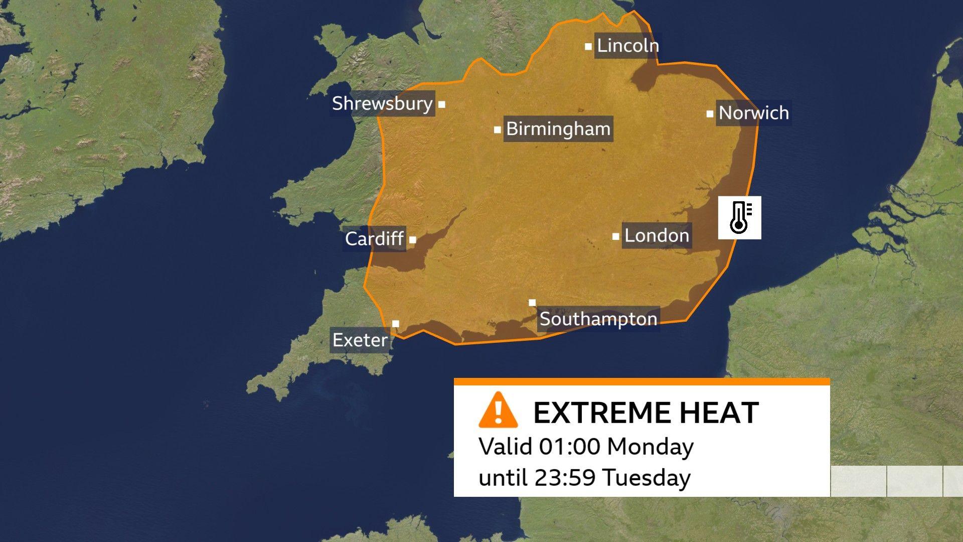 A BBC Weather map showing the amber warning area, covering the Midlands, East Anglia, much of southern England and parts of eastern Wales

