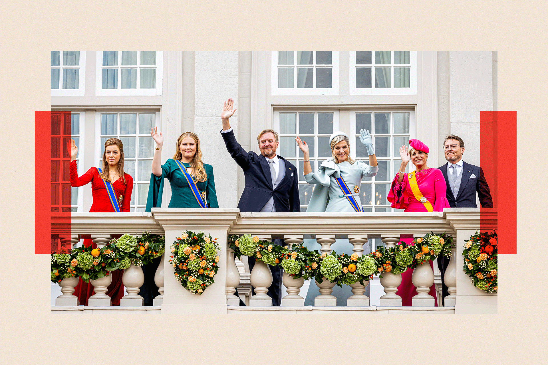 The Dutch Royal Family waves from a balcony
