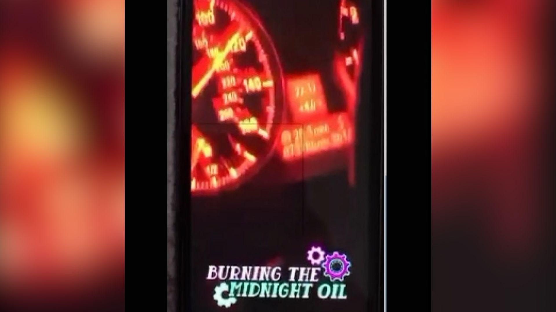 A snapchat image entitled Burning The Midnight Oil showing a speedometer reading in excess of 100mph