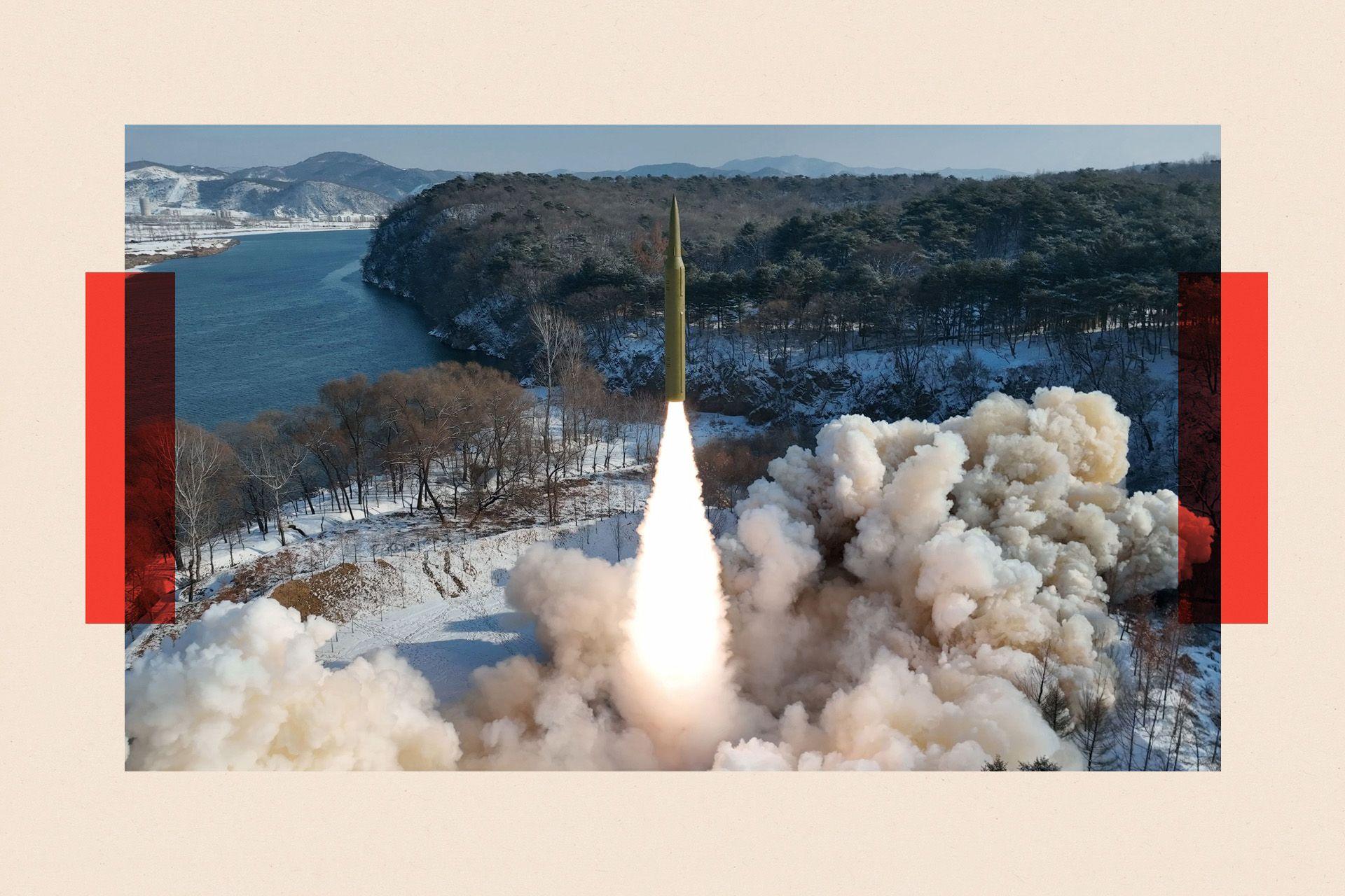 Test fire of a missile shown mid air in a rural scene in North Korea