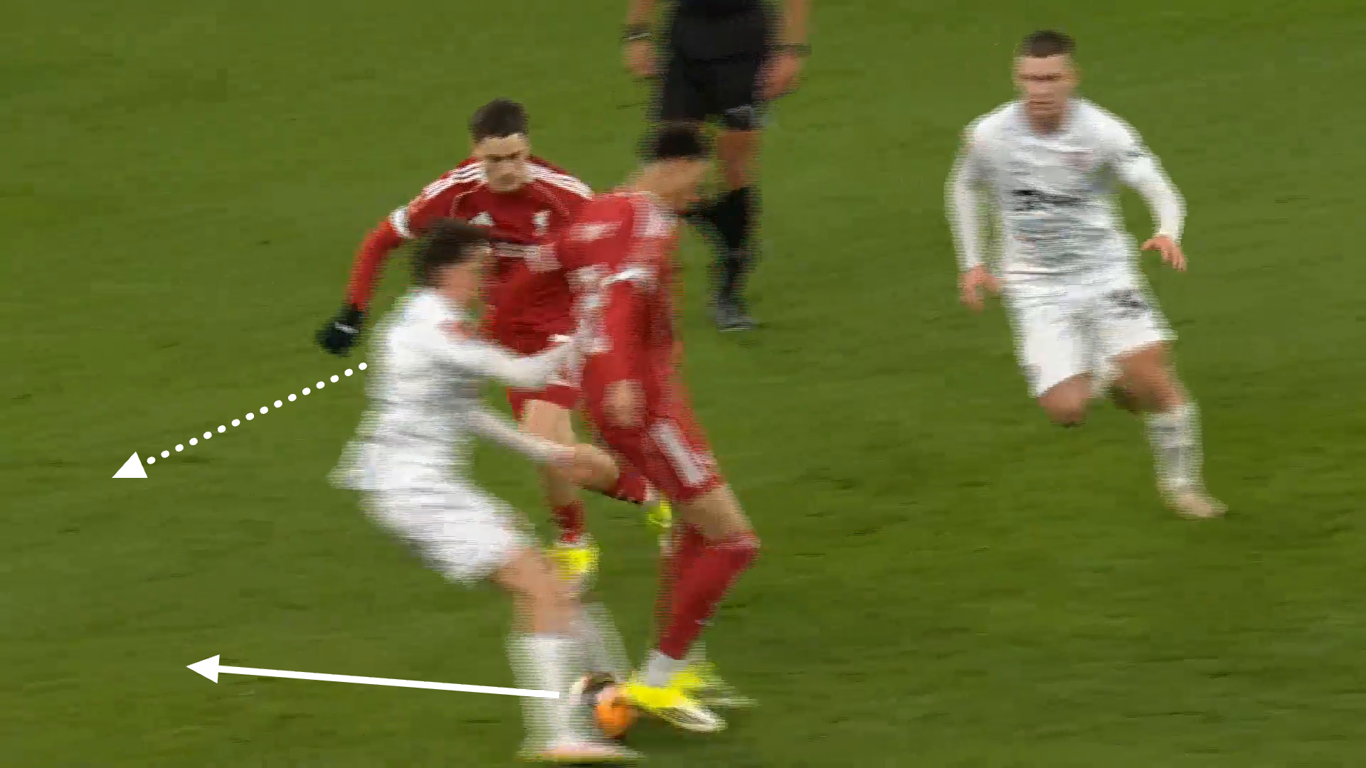 Screengrab showing Ekitike's back-heel assist for Wirtz against Barnsley