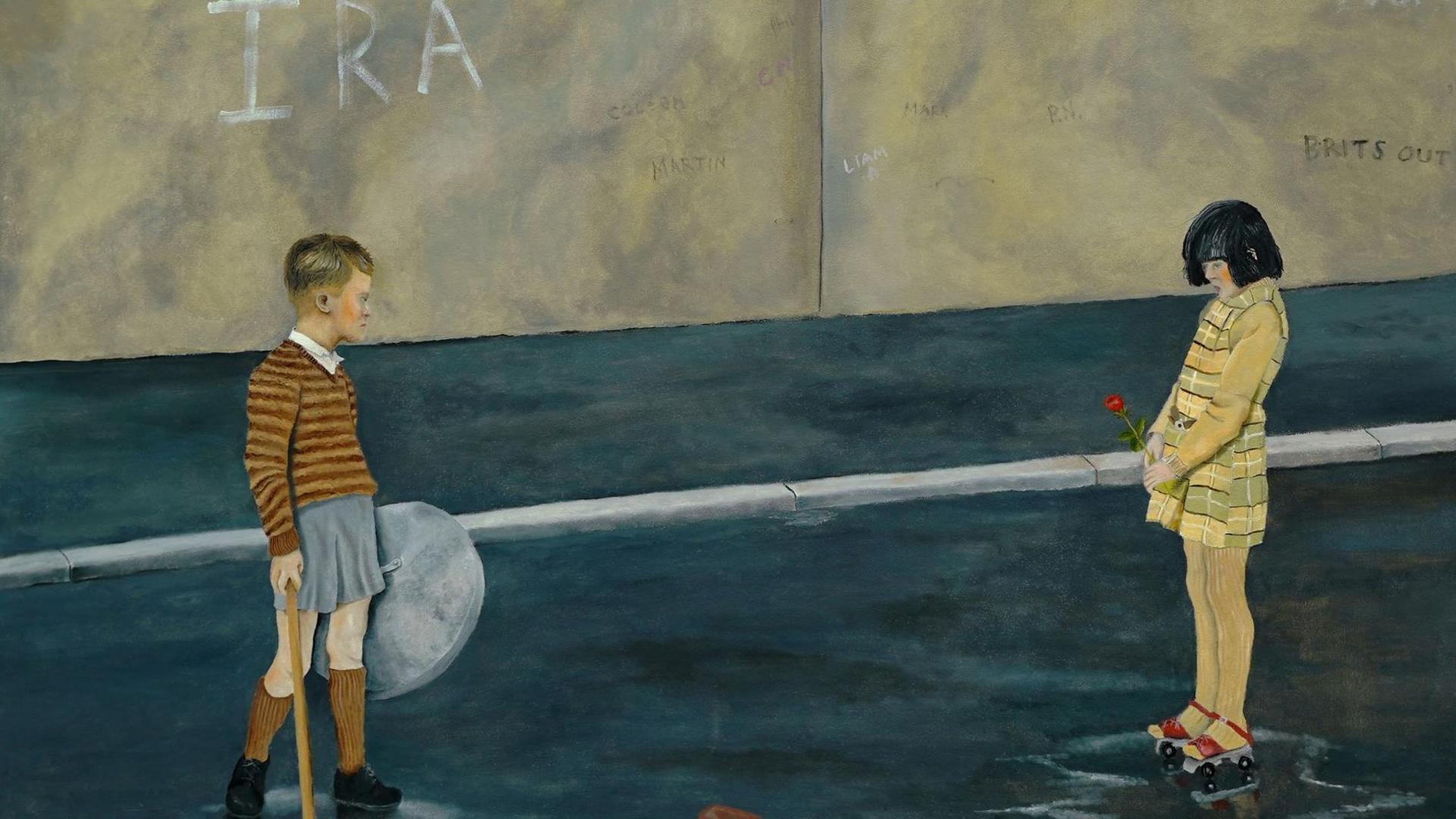 A painting of a young boy and a girl. The boy holds a wooden stick and metal lid. The girl looks down at her hands which hold a red rose. The walls on the background features writing such as "IRA" and "Brits out"