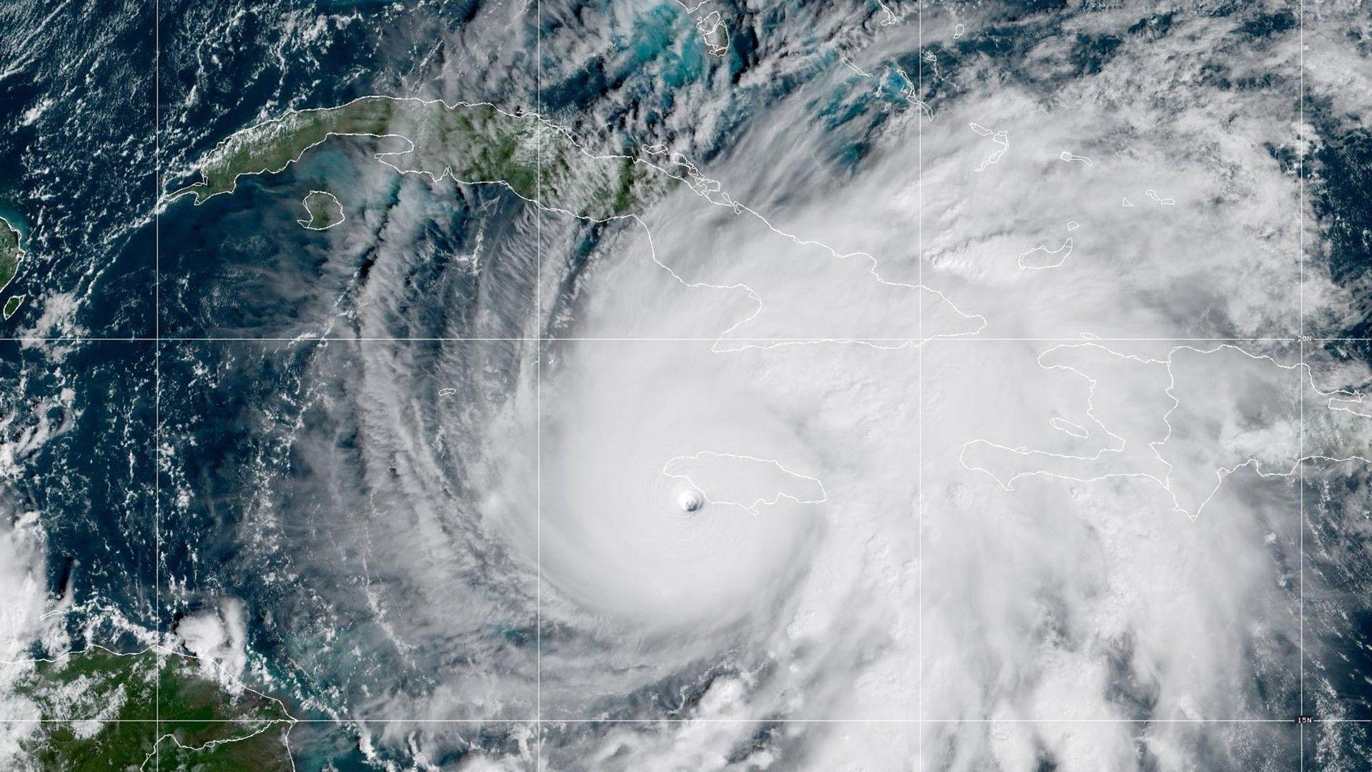 Satellite picture showing the cloud and eye from hurricane Melissa in the Caribbean Sea to the south of Jamaica.