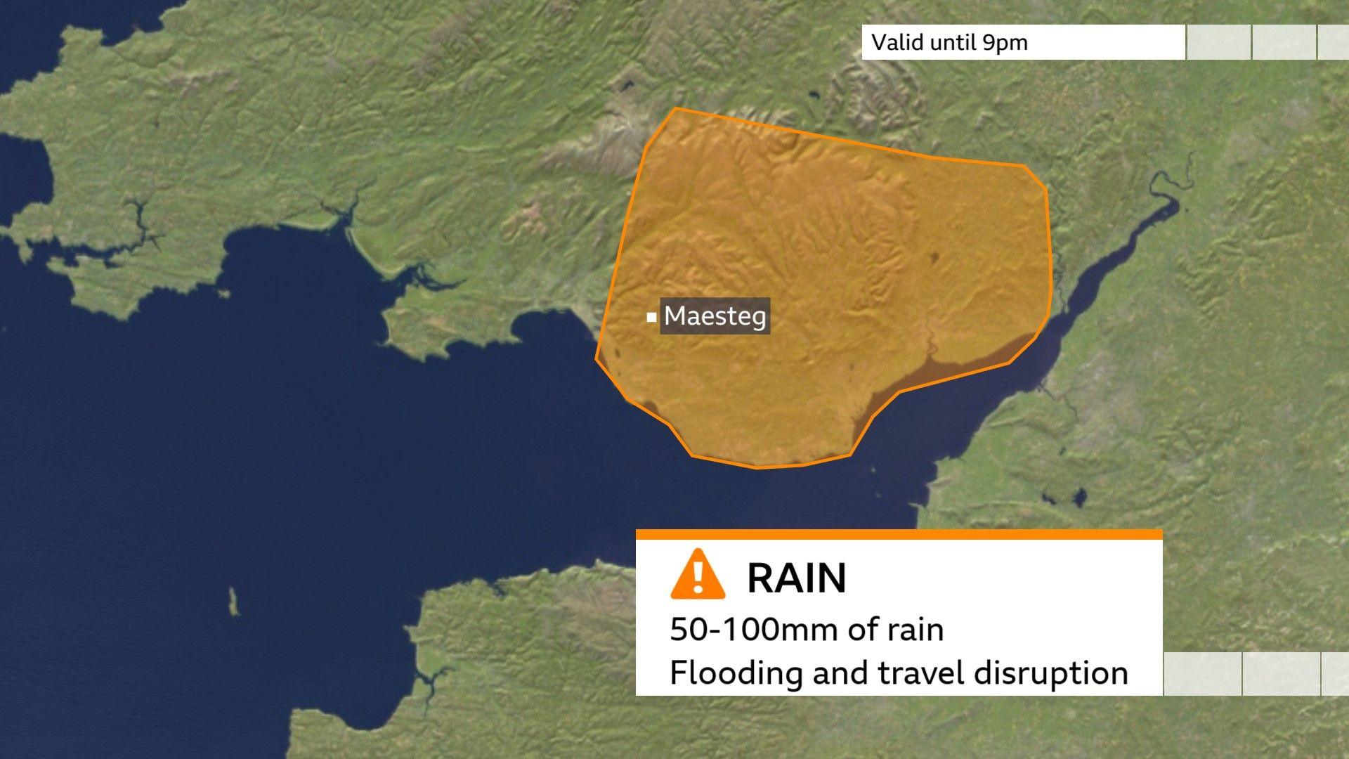 Close up map of south wales. South-east corner covered by amber weather warning