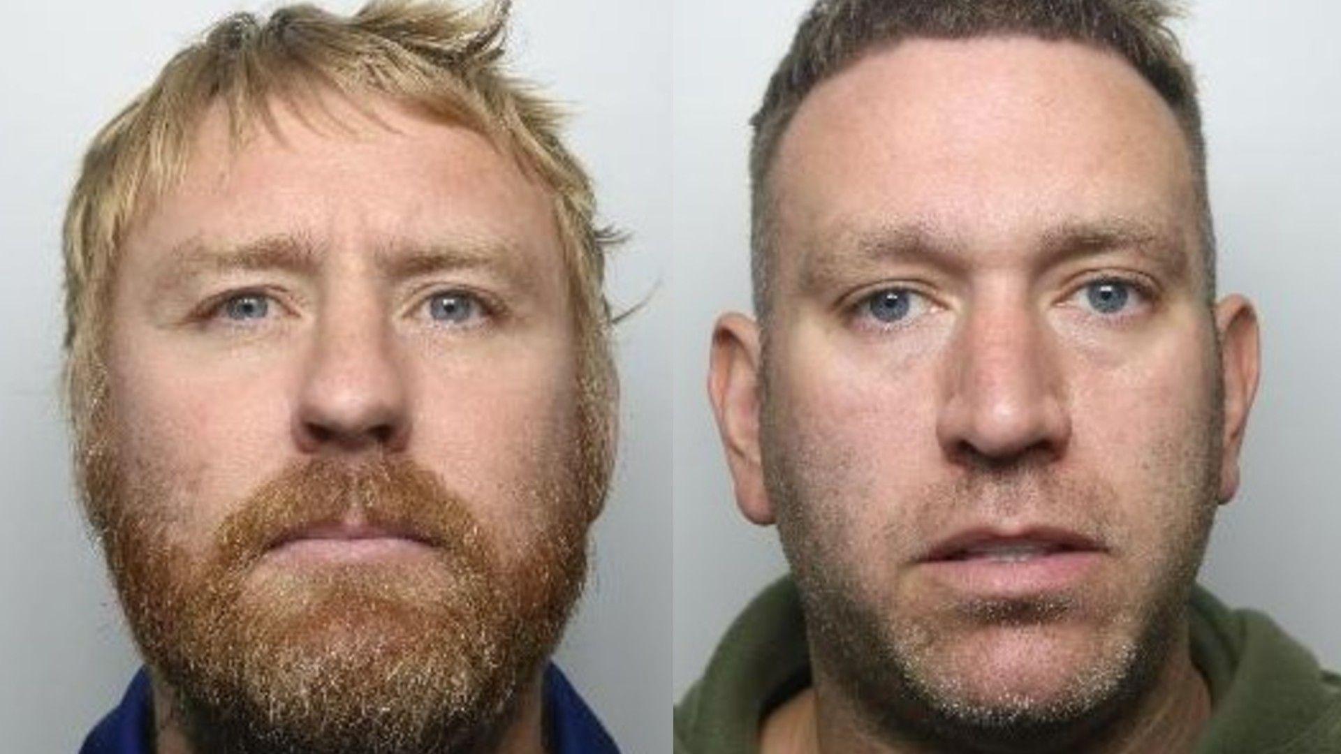 Police mugshots of Andrew Bulcroft and Benjamin Williams. Bulcroft has medium length strawberry blonde hair and a ginger bears, while Williams is clean shaven with a short cropped haircut.