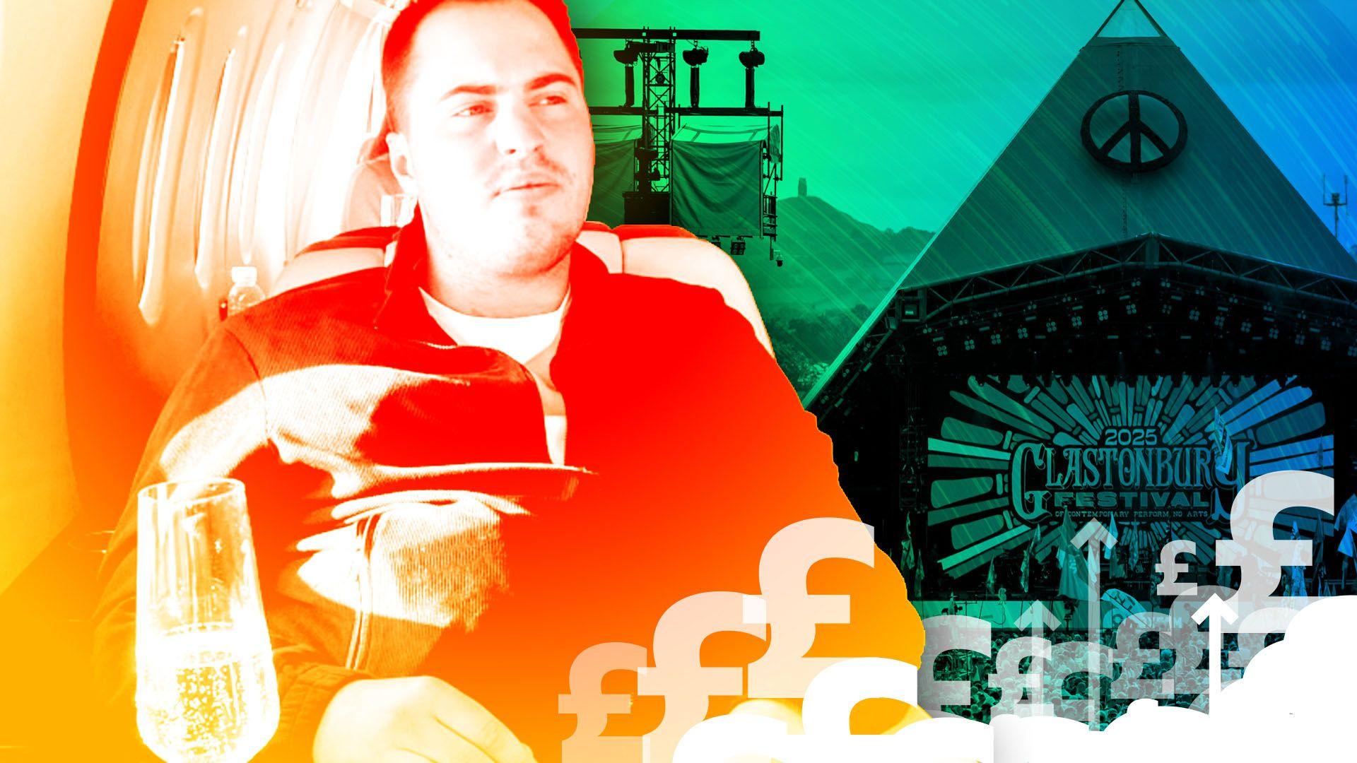 A composite image showing Miles Hart on a private plane with a glass of champagne on the left hand side of the image, tinted in tones of red and orange, while on the right hand side of the image is a picture of Glastonbury's Pyramid Stage, in tones of blue and green. Rising up from the bottom of the image, as if from the crowd in front of the stage, is a mass of pound signs.