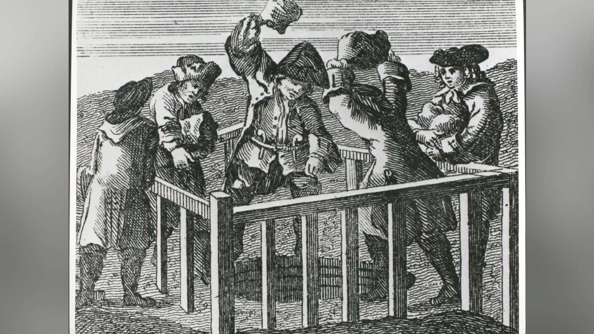 A drawing depicting a gang, from the 18th Century, throwing stones into a well. 
