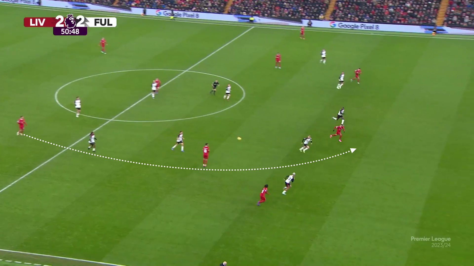 Screengrab of Trent playing an impressive through ball from deep for a Darwin Nunez run in behind in a game for Liverpool against Fulham.