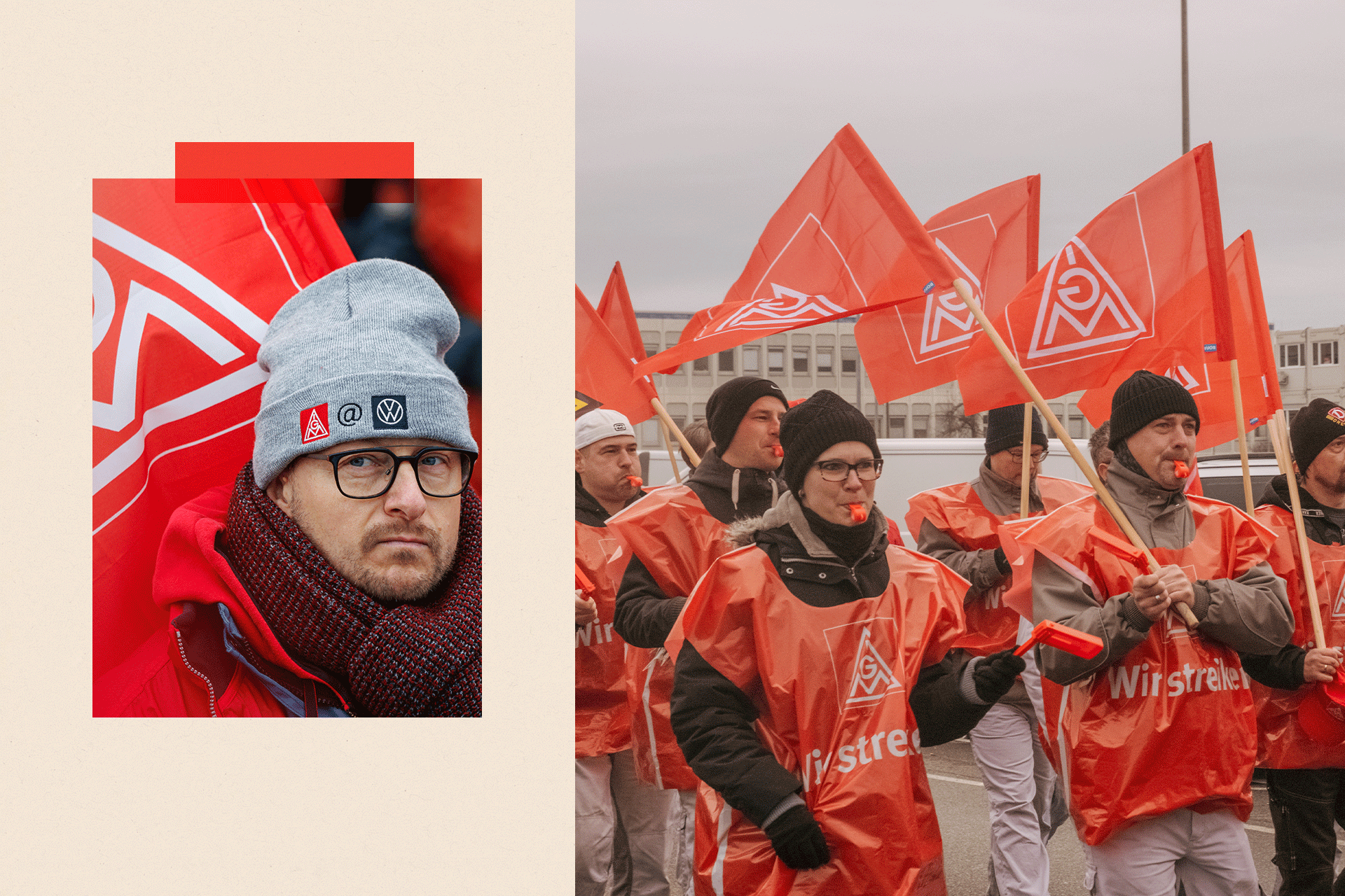 Two images: On the left a person on a demonstration, and an image on the right shows people waving union flags 