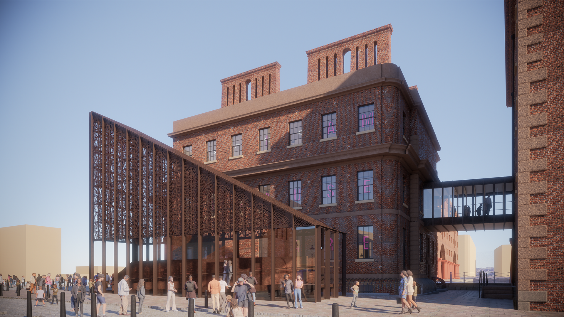 An artist impression of how the slavery museum and maritime would look - a red brick building with an iron entrance coming out of the front