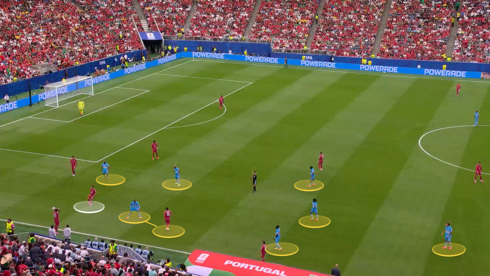 Screengrab from Portugal v DR Congo showing DR Congo's overload on the ball side from a Portugal throw