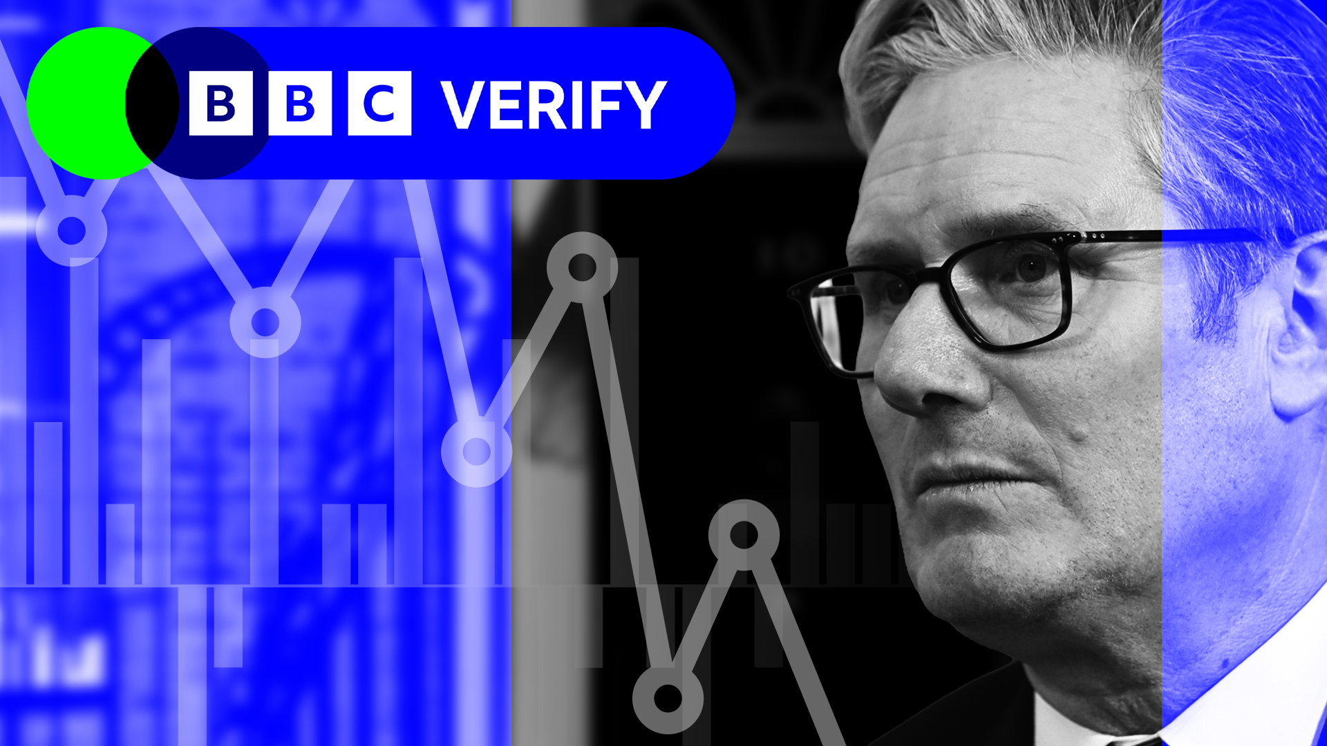 A black and white photo of Keir Starmer wearing glasses, surrounded by chart graphics. 