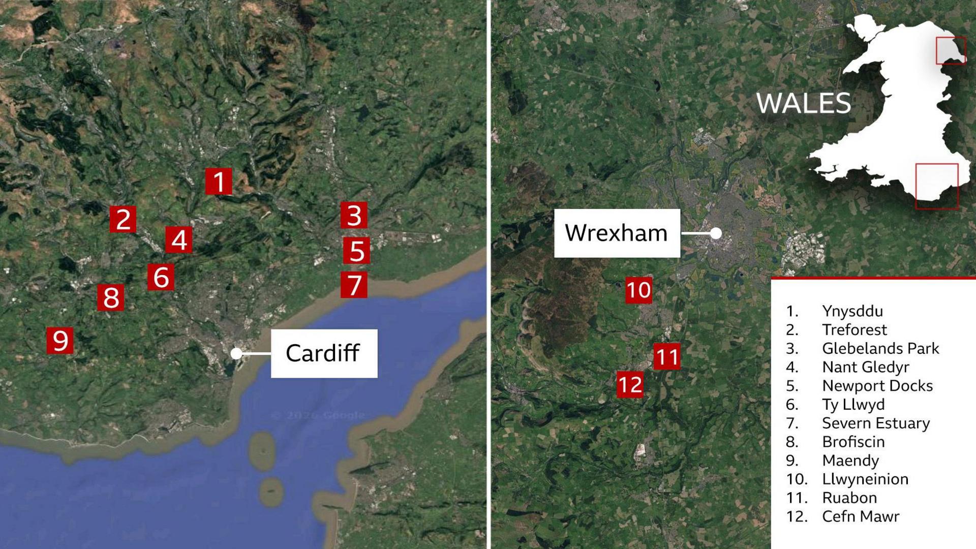 The graphic consists of two aerial satellite maps placed side by side. The larger southern map is labelled 