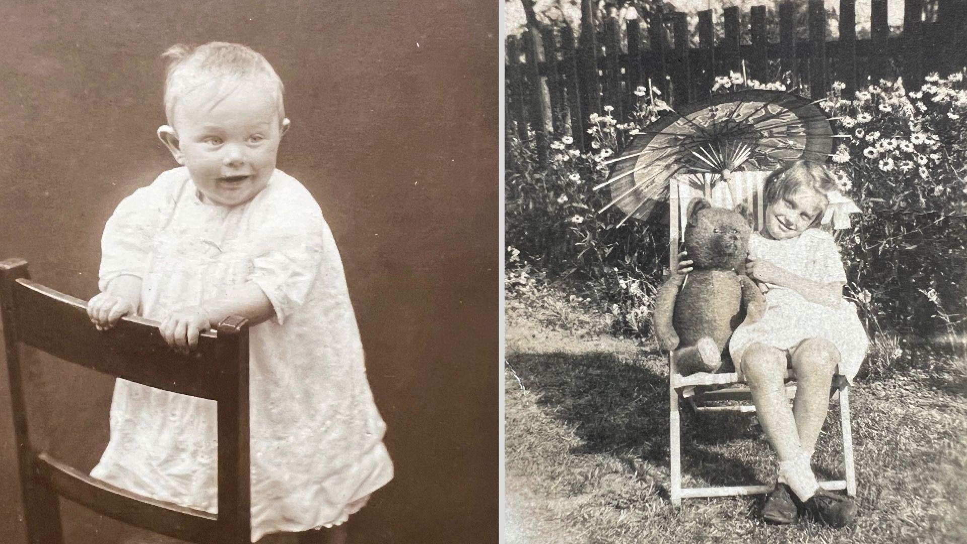 Two images - on the left, an old black and white a baby about a year old wears a white dress and is standing on a chair, holding onto the back. On the right, another black and white photograph of the same girl, now a few years older, sits in a canvass deckchair holding a teddybear and a paper parasol in a garden full of flowers. She has a ribbon in her hair and wears a floral dress.