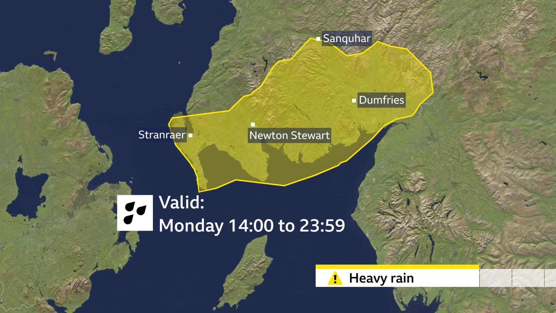 Map of southern Scotland to show the Met Office yellow weather warning for heavy rain due on Monday afternoon and evening.