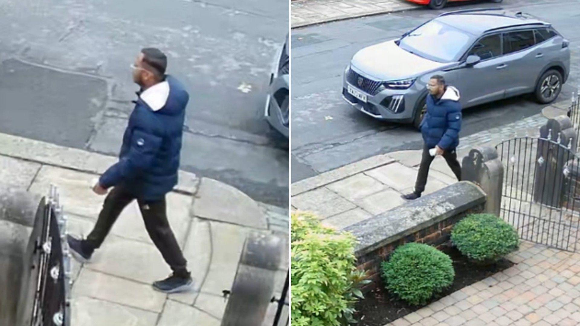 Two images of the same man walking along a street. In the image on the left the man is seen in profile and is wearing a blue coat with a hood and glasses and has short black hair. The image on the right shows a front view of the man with a grey car parked on the road behind him.