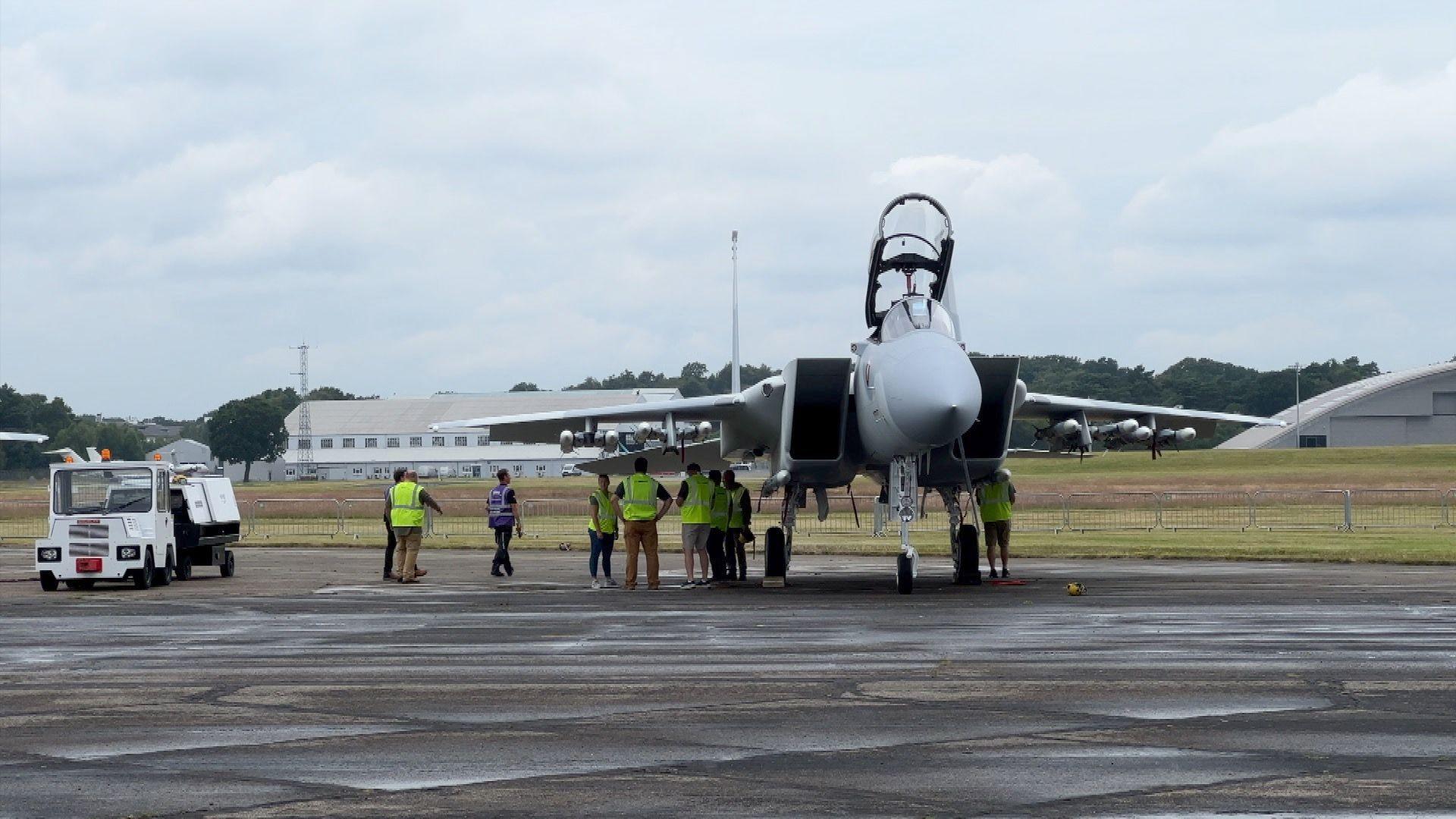 F15 at Farnborough with missiles fitted to underwing pylons