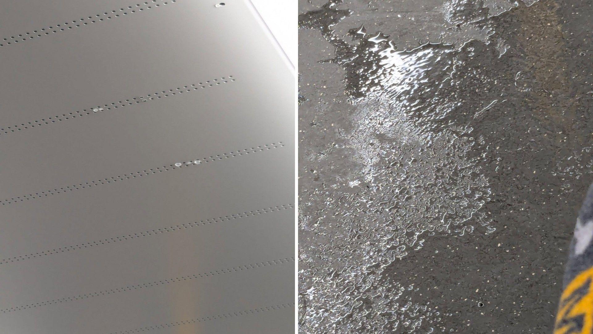 A composite of two images. The first, on the left, shows drips of water leaking from the ceiling air vents. The second is of a puddle of water on the floor of a Metro carriage.