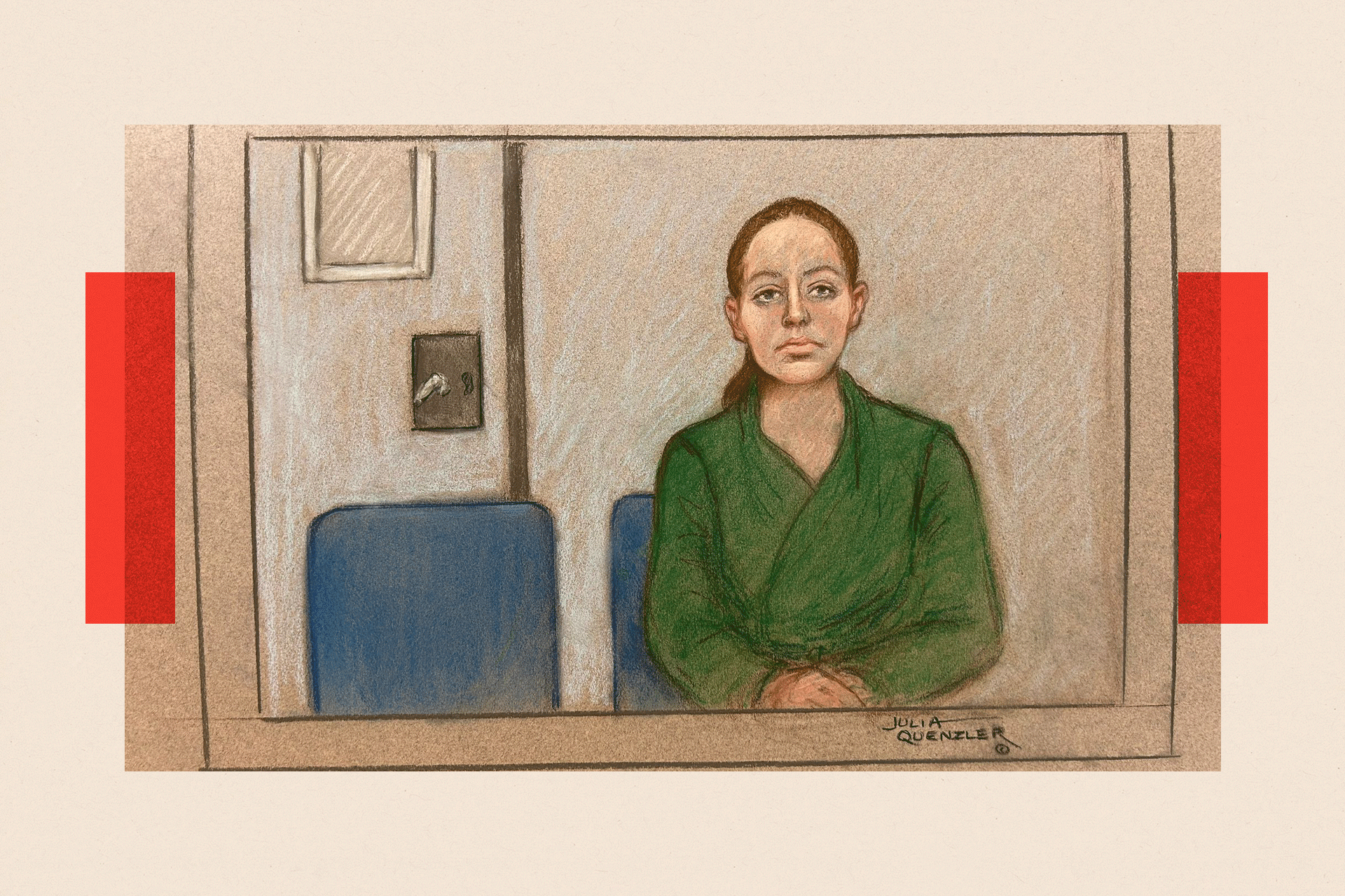 Court portrait of Lucy Letby looking serious and wearing green