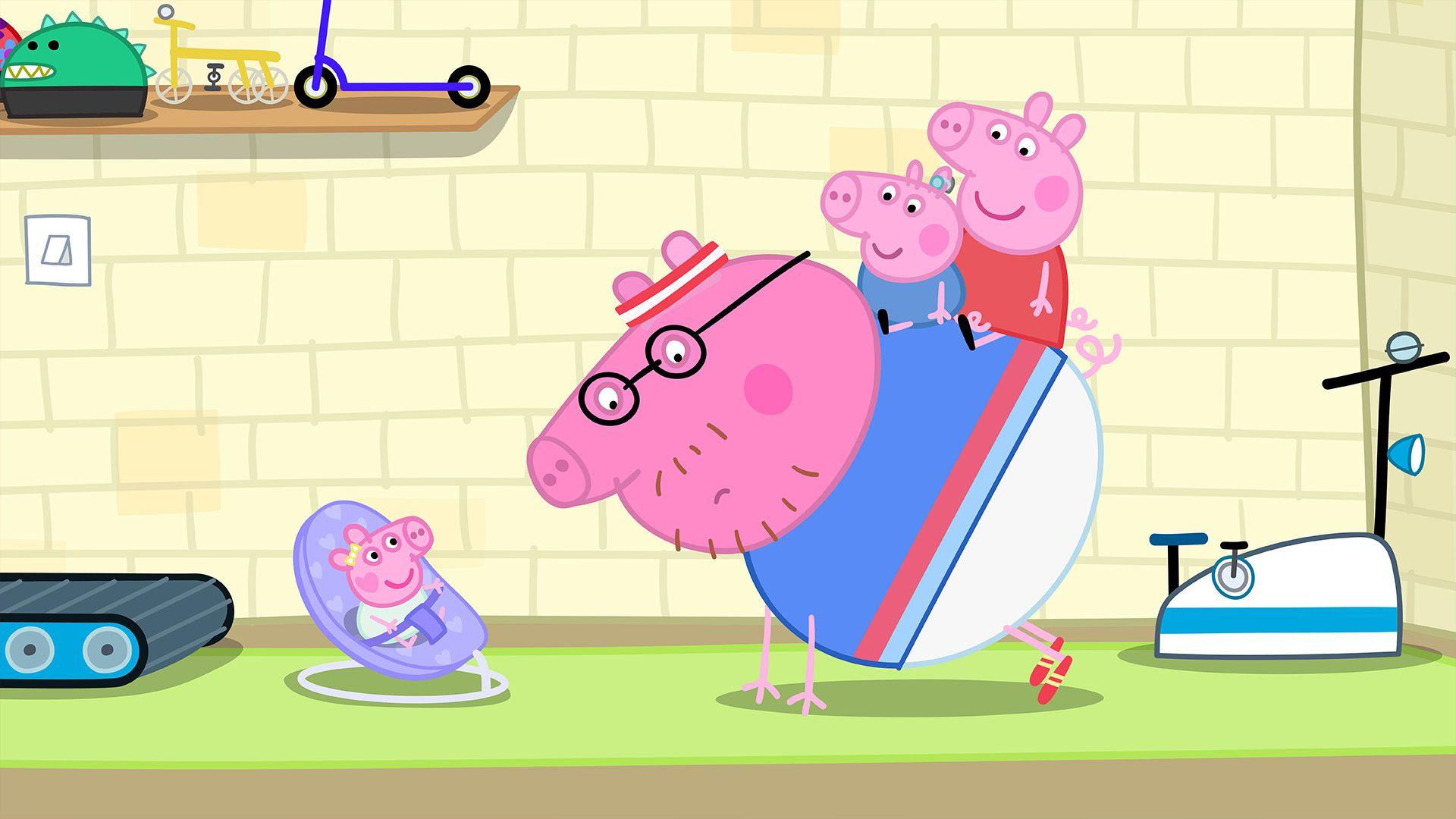 Daddy pig does press ups with Peppa and George on his back. Evie Pig is in a baby bouncer in front of him. He doesn't look very happy! 