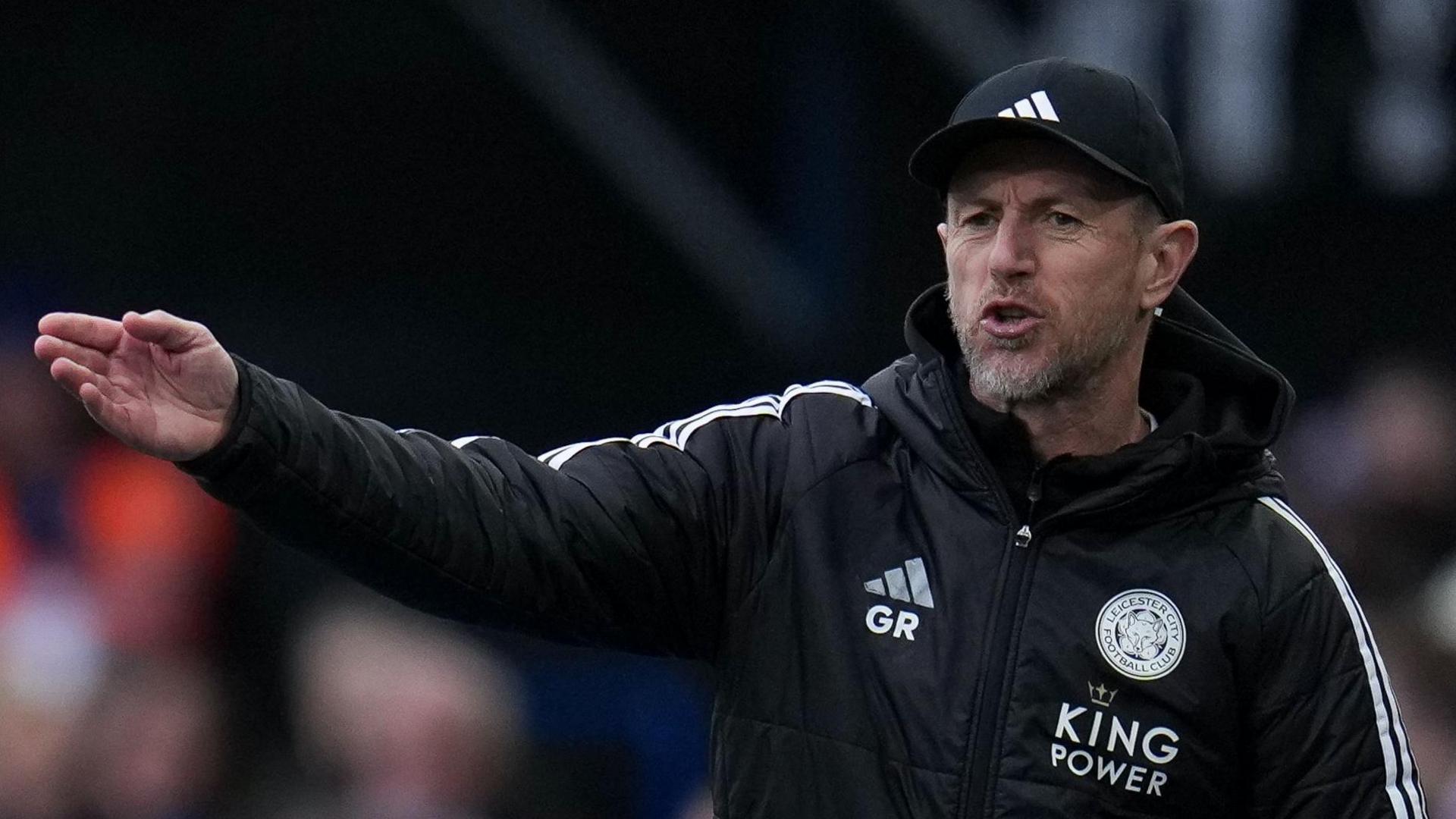 Leicester manager Gary Rowett points and shouts instructions to his player from the side of the pitch