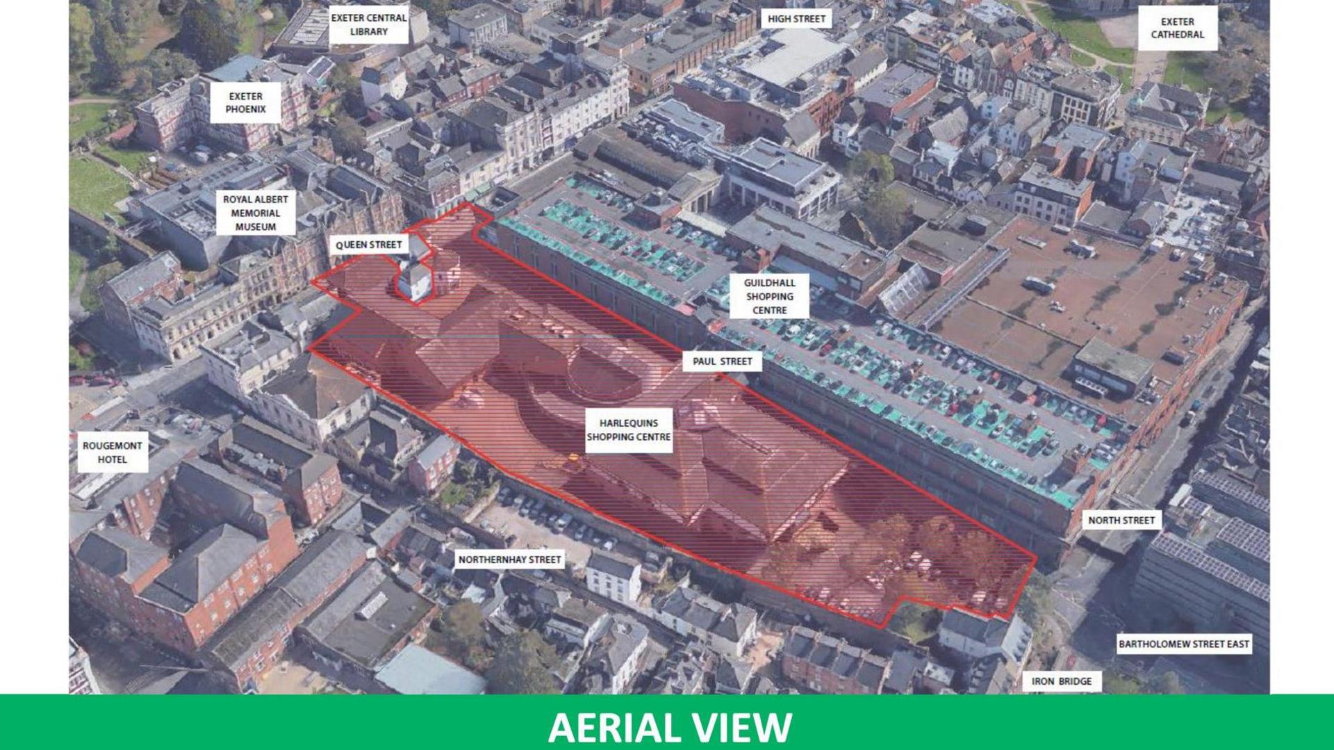 An aerial view of Exeter city centre showing the development site marked in red and other local landmarks 