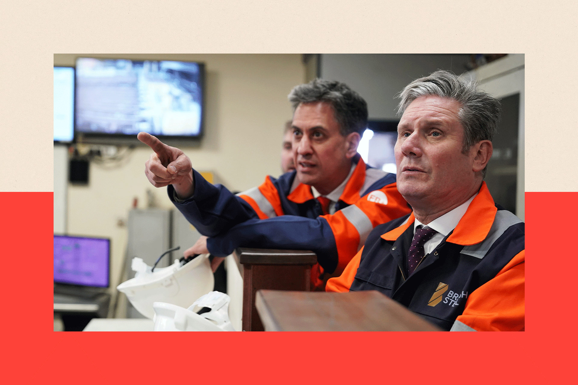 Keir Starmer and Ed Miliband visit the British Steel manufacturing site on 8 June 2023 in Scunthorpe, England.