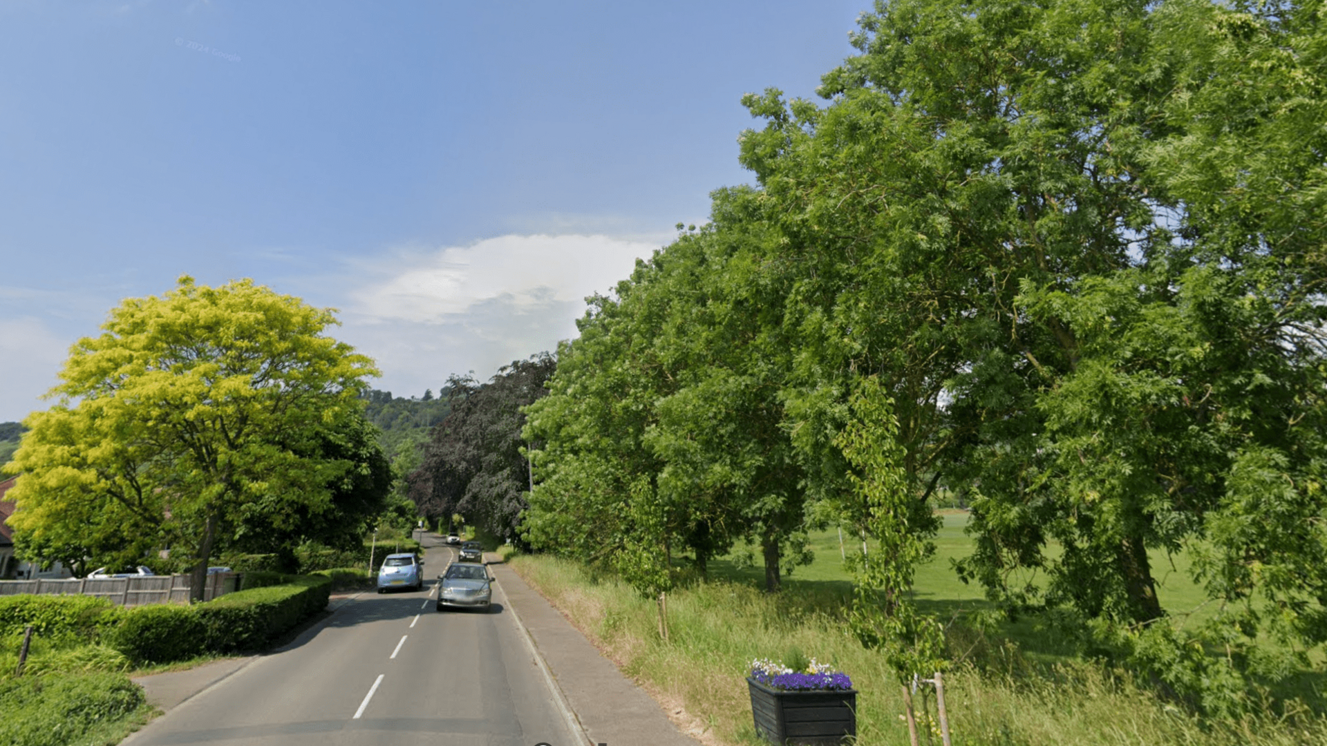 A general view of Brockham Lane in Brockham with two lanes and a tree-lined country road