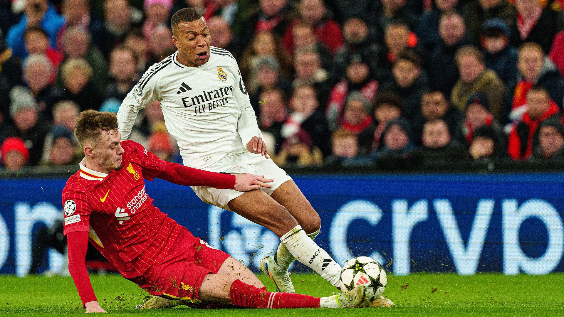Conor Bradley tackles Kylian Mbappe