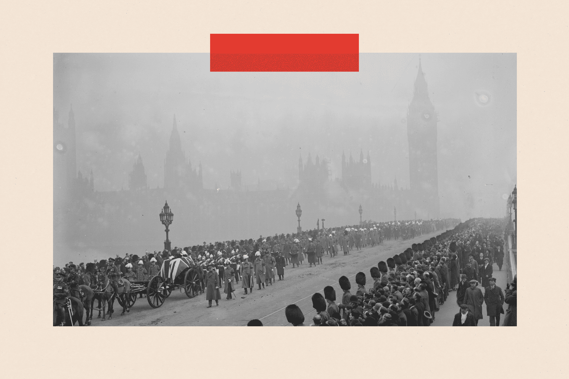 February 1928: The funeral procession of Earl Haig, the gun carriage bearing his coffin is draped with a Union Jack and soldiers in bearskins line the pavement