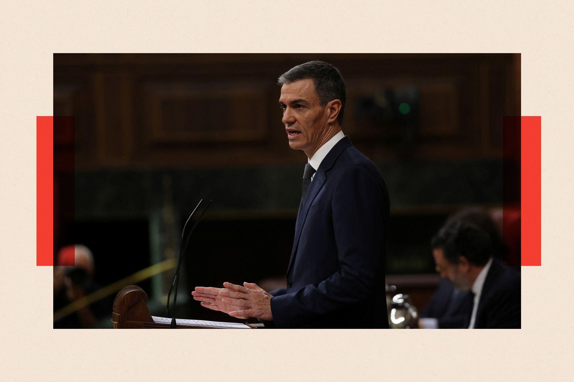 Spain's Prime minister Pedro Sanchez gestures as he addresses parliament
