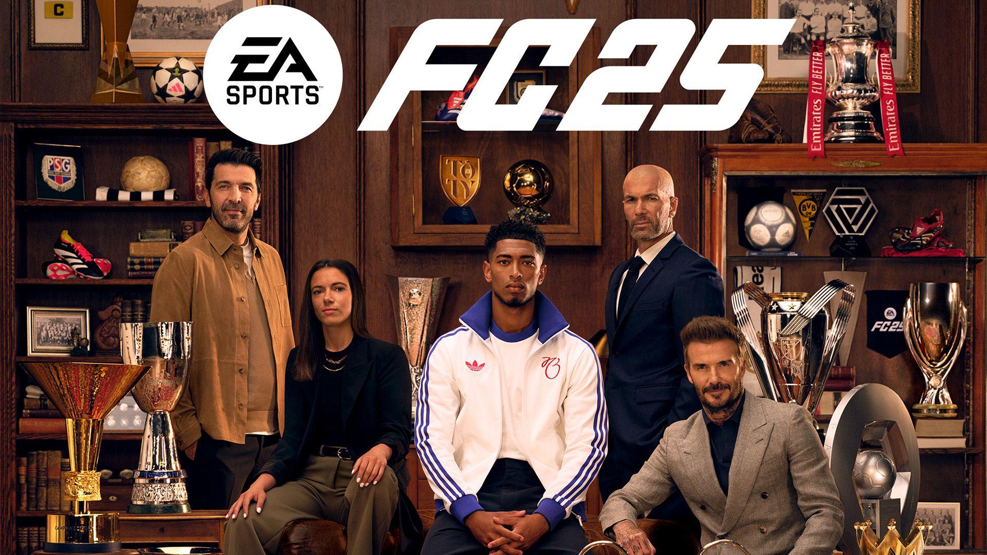 FC25 cover with Jude Bellingham, David Beckham, Zinedine Zidane, Gianluigi Buffon, Aitana Bonmatí Conca