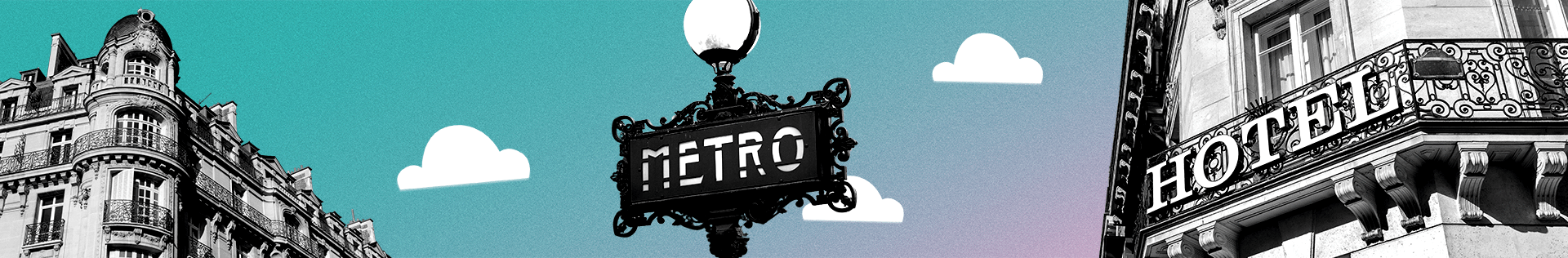 Designed image of an apartment in Paris, metro sign and a hotel  