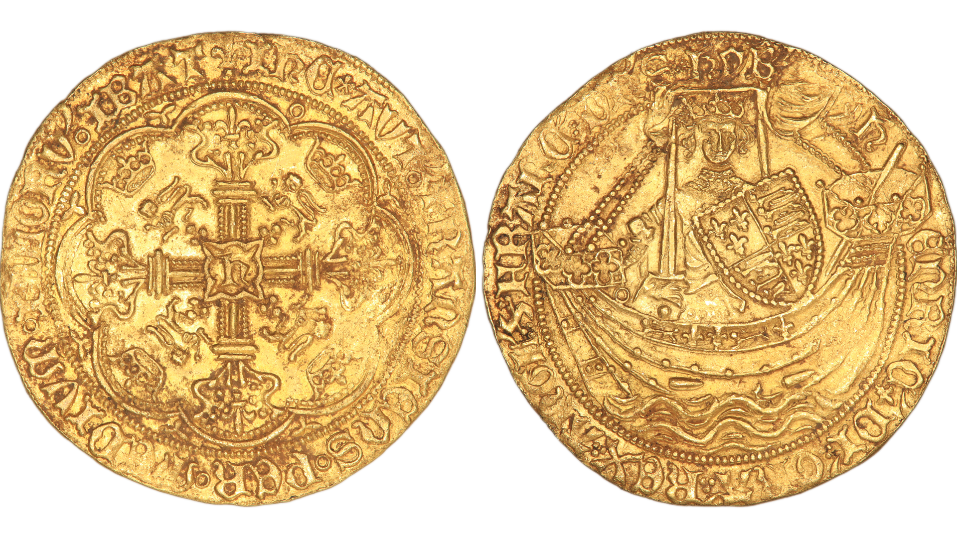 Pamje nga afër e një monedhe ari mesjetare që tregon të dyja anët, njëra me dekorim kryqi, tjetra me një përfaqësim të Mbretit Henri VI në një anije, të dyja anët kanë mbishkrime latine