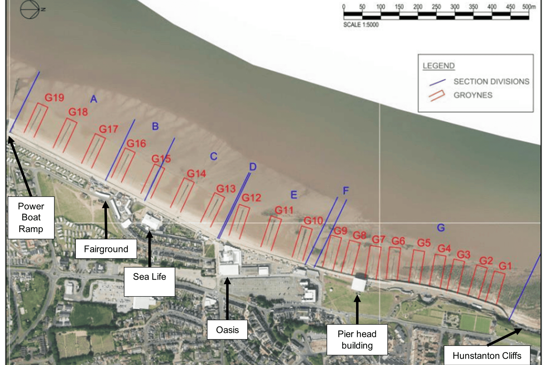 We can see a satellite view of Hunstanton. Overlaid on it are labels for various key sites, including the Sea Life Centre and fairground, and markings on the beach indicating where investigative work took place.