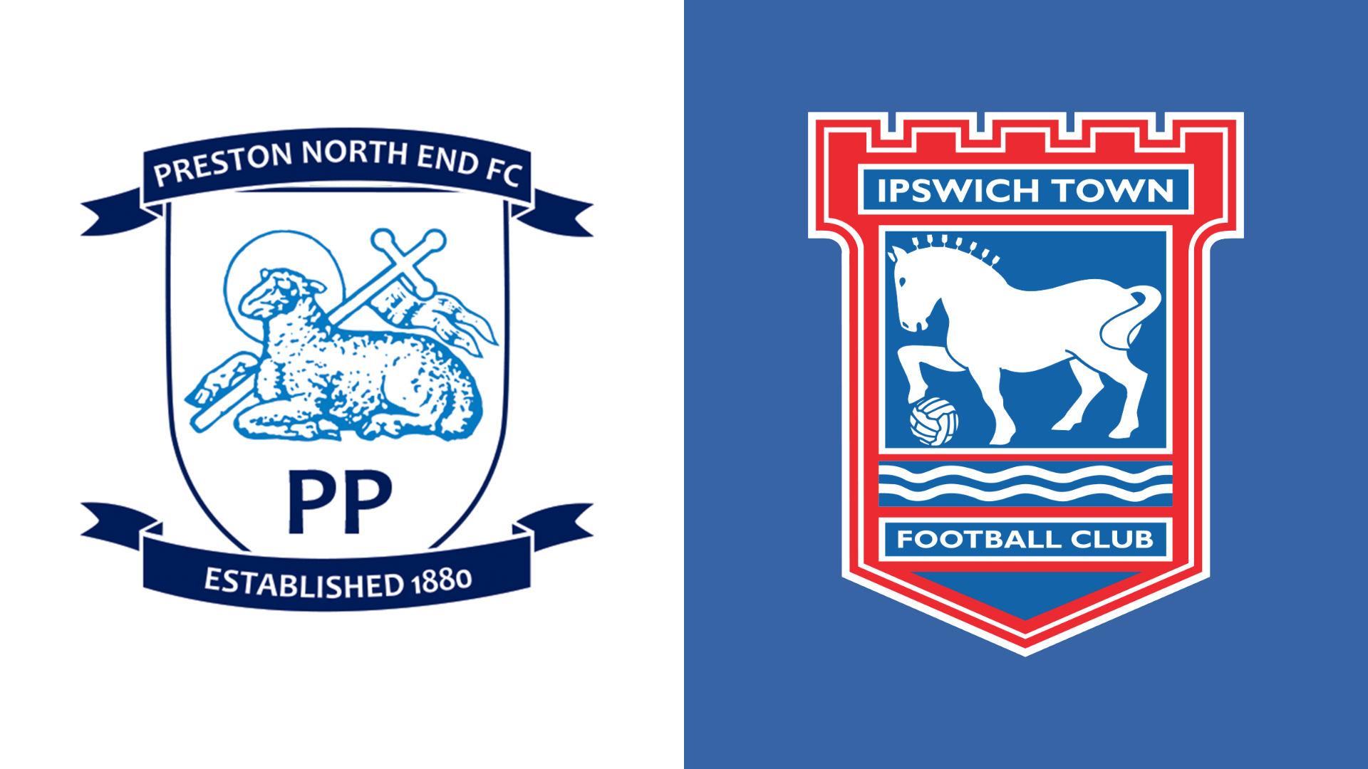 Side-by-side of Preston North End and Ipswich Town club badges