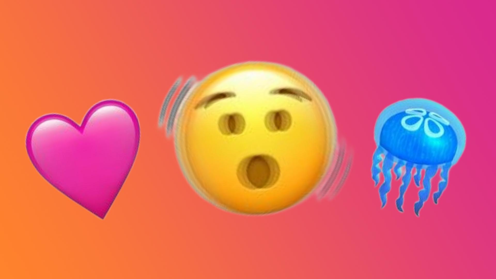 Pink heart, shaking face and jellyfish emoji