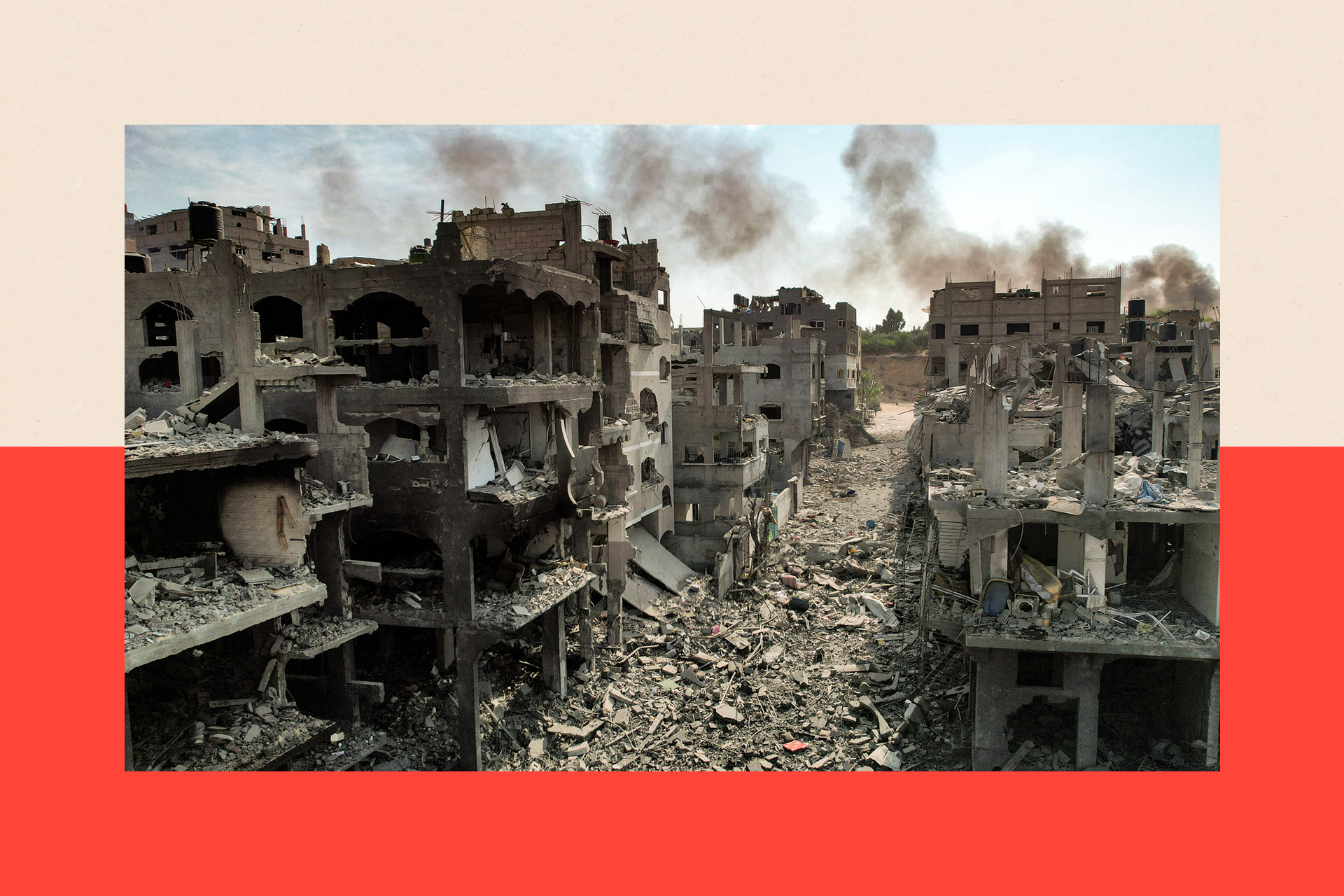 An aerial view of buildings destroyed by Israeli air strikes in Gaza City