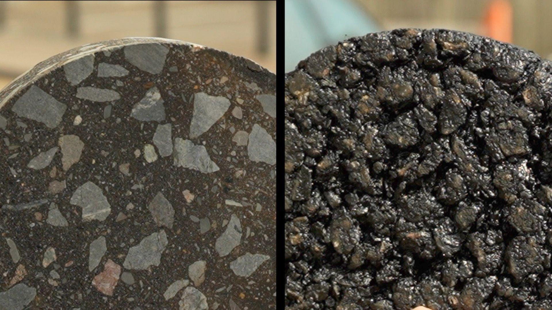 On the left is a disc made out of hot rolled asphalt. It contains some lumps of pale grey stone about 1cm x 1.5cm held together with a fine, darker grey hardened bitumen. The surface appears solid and flat. On the right is a disc made from stone mastic asphalt. It contains many more lumps of stone than the hot-rolled example, held together with a shiny, sticky looking bitumen. The surface appears pitted.