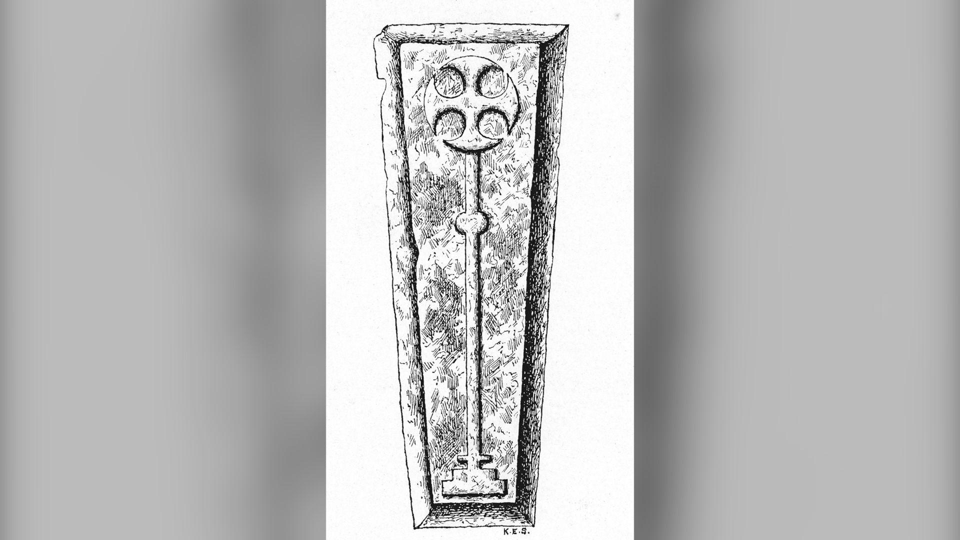 A sketch of a grave slab on white paper from a book, which looks similar to the slab to the one discovered by the divers.