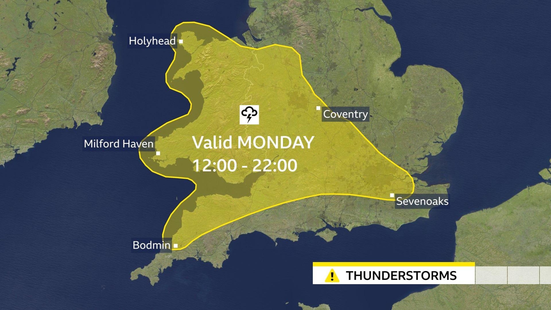 Image shows a map of the UK with a yellow weather warning across parts of southern England and Wales