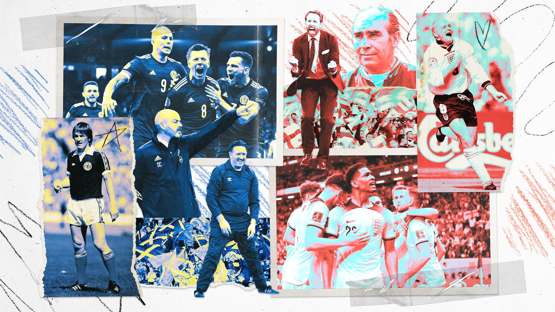 (Clockwise from top left) Callum McGregor and team-mates, Gareth Southgate, Sir Alf Ramsey, Paul Gascoigne, Jude Bellingham and team-mate, Jock Stein, Steve Clarke and Kenny Dalglish