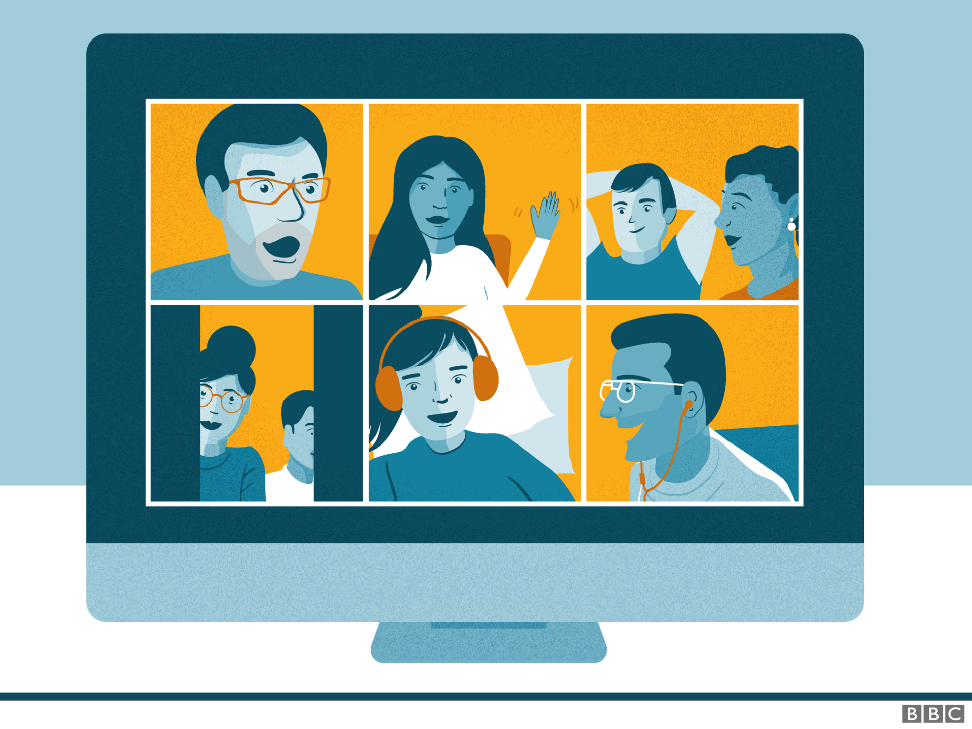 Illustration of an online video call with multiple people