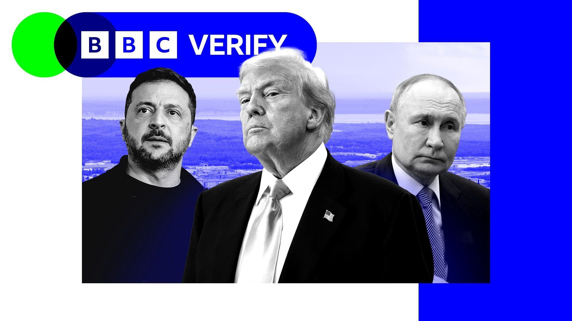 A composite image of Volodymyr Zelenskyy, Donald Trump and Vladimir Putin with BBC Verify branding