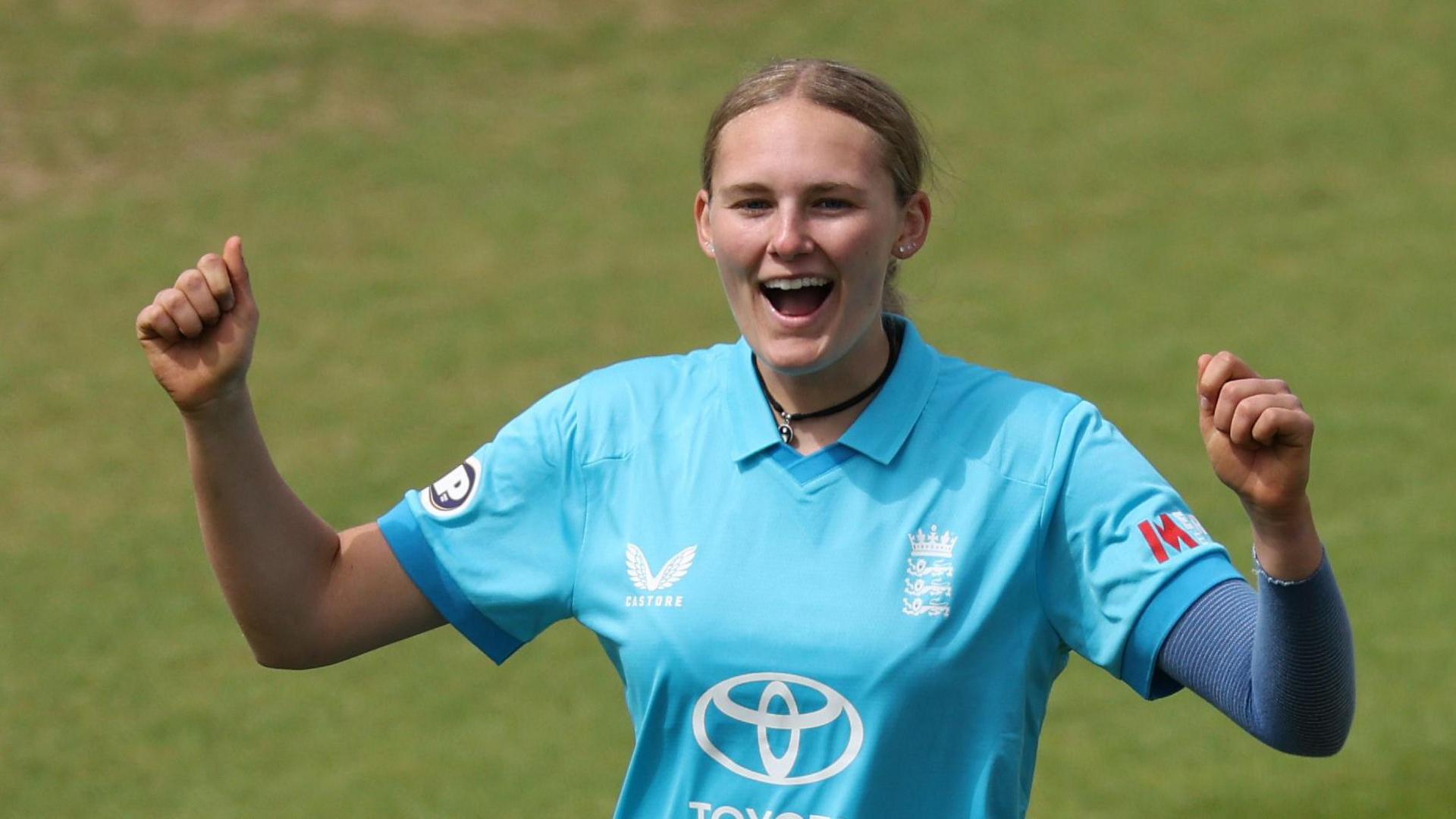 Tilly Corteen-Coleman celebrates a wicket